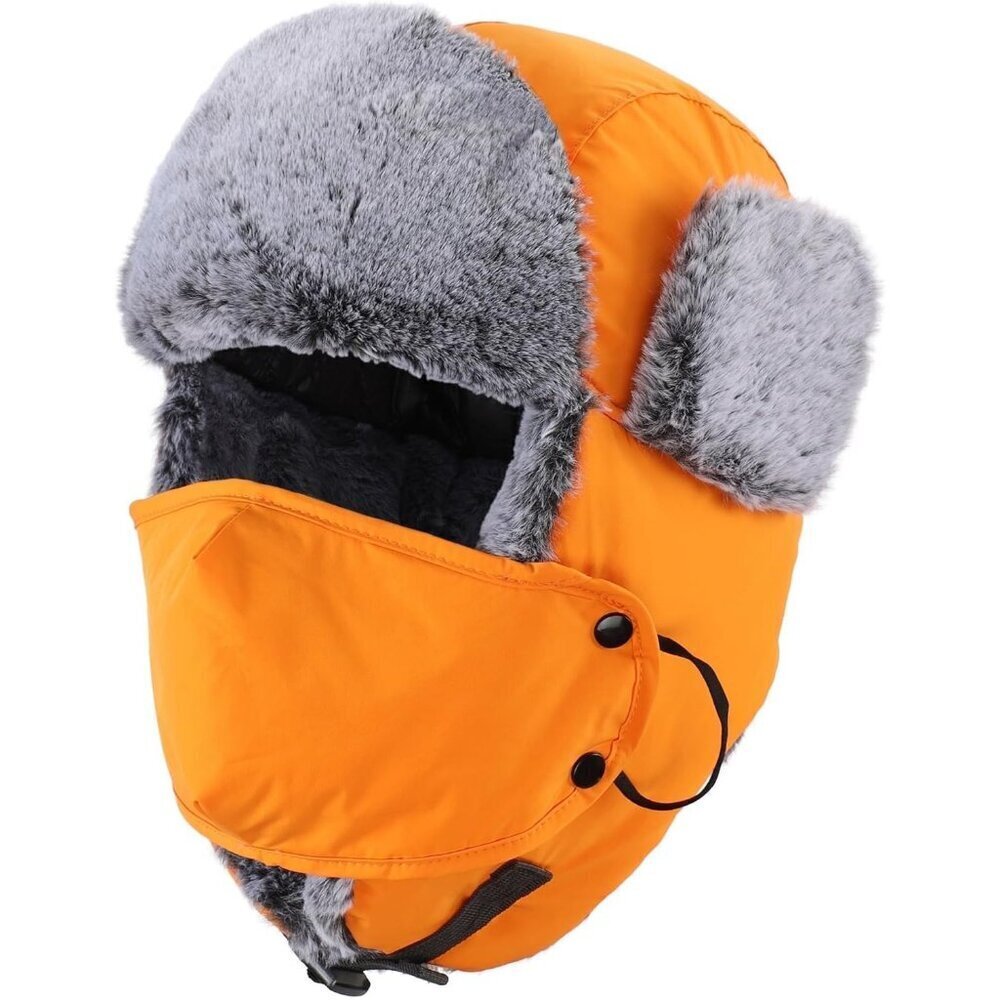 Men Orange Faux Fur Trapper Hat with Face Mask  Winter Trooper Hunting Hat